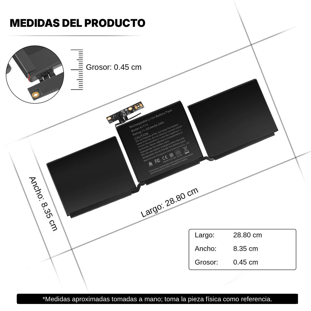Medidas de la batería A1713: 28.80 x 8.35 x 0.45 cm
